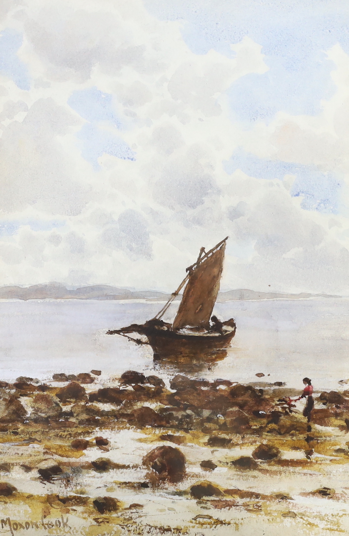 Herbert Moxon Cook (1844-1928), watercolour, Coastal scene with fishing boat, signed, indistinctly inscribed in ink verso, 26 x 17cm